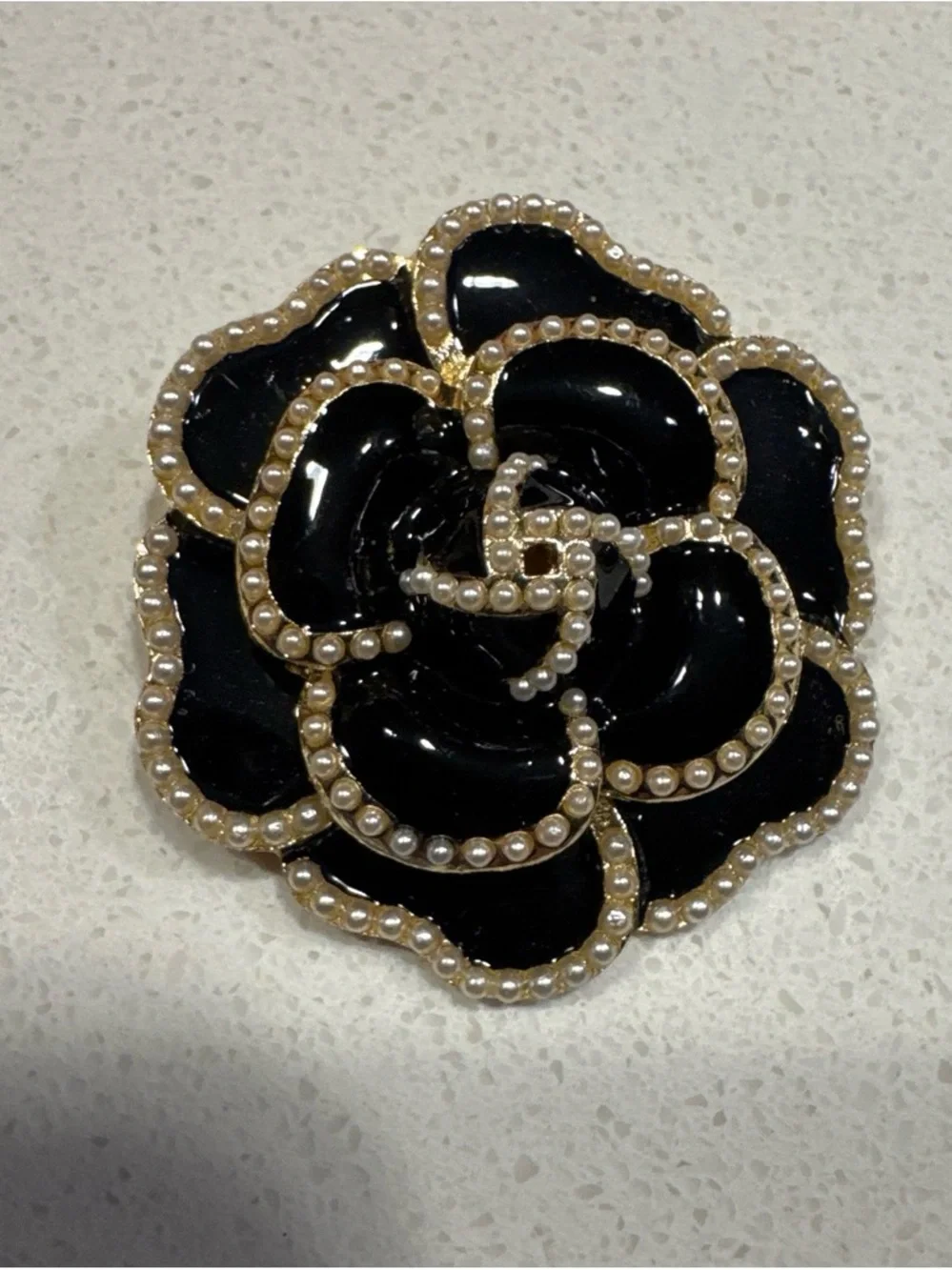 Women's Black Enamel Flower Brooch with Faux Pearls - Elegant Gold Trim